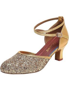 Gold Glitter Ballroom Dance Shoes Ankle Strap & Low Heel Size 9.5
